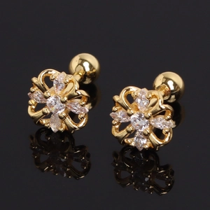 Exquisite gold floral stud earrings with sparkling zircons and secure screw ball backs