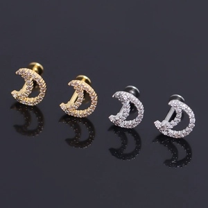 Stainless Steel Pave Rhinestone Crescent Moon Stud Earrings For Women Men Flat Back Screw Threaded Cartilage Piercing Jewelry