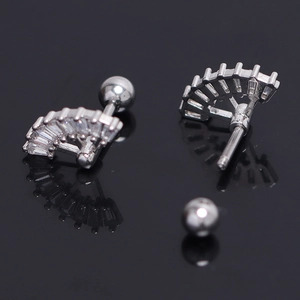 Polished silver fan-shaped earrings with baguette zircons and screw ball backings