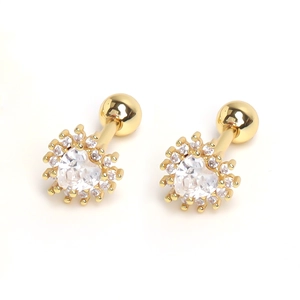 Macro view of gold heart ear studs with cubic zirconia and screw-back ball closures