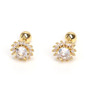 Detailed view of golden sunflower stud earrings with clear zircon stones and screw backs