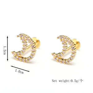 Golden crescent moon stud earrings featuring sparkling cubic zirconia and 1.2cm size