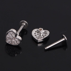 Polished heart-shaped stainless steel stud earrings with shimmering zircon pavé setting