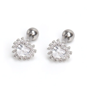 Stainless steel heart stud earrings with cubic zirconia halo and screw back closures
