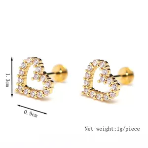 Golden heart-shaped stainless steel stud earrings with white zircon inlays and dimensions