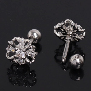 Elegant silver flower stud earrings with sparkling zircon crystals and screw ball backs