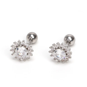 Polished stainless steel sunflower stud earrings with sparkling cubic zirconia center