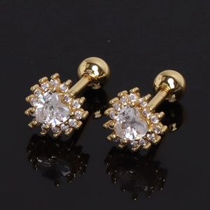Golden heart-shaped stainless steel stud earrings with white zircon and screw ball back