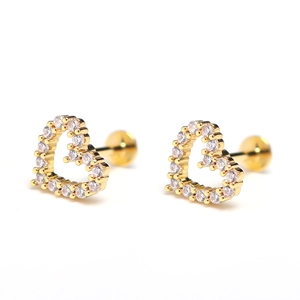 Detail of gold heart stud earrings with cubic zirconia and flat screw back design