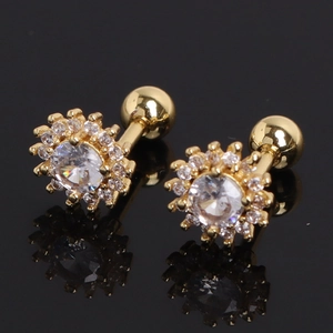 Golden flower stud earrings with sparkling cubic zirconia and secure screw back closure