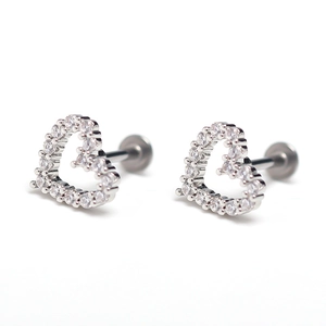 Hollow heart stainless steel stud earrings with pave-set clear zircon stones in silver finish