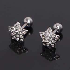 Five-Pointed Star Stainless Steel Stud Earrings With Cubic Zirconia Screw Ball Back Cartilage Jewelry Unisex
