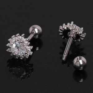 Stainless steel heart-shaped cubic zirconia stud earrings with screw-back ball design