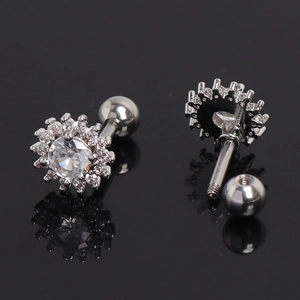 Polished stainless steel sunflower stud earrings with round cubic zirconia and screw-back ball
