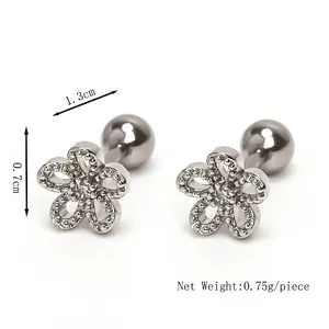 Silver flower stud earrings with white zircon, 1.3cm size with ball screw back
