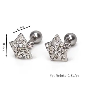 Sparkling star stud earrings in stainless steel with white rhinestones and screw back