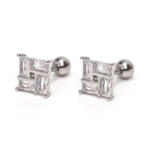 Silver geometric square stud earrings with crystal cubic zirconia for women