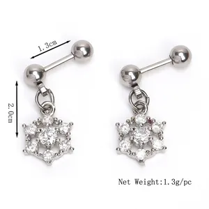 Snowflake stud earrings in silver stainless steel with white zircon stones for women