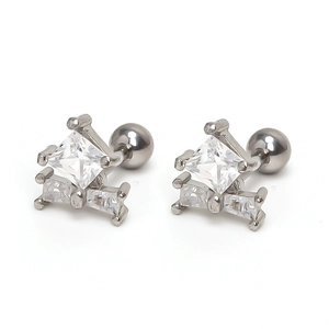 Minimalist square zircon stud earrings in silver steel with geometric screw back design