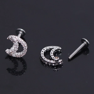 Sparkling crescent moon stud earrings with screw back and white cubic zirconia