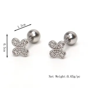 Silver flower stud earrings with crystals and screw ball back closure, 1.3cm length