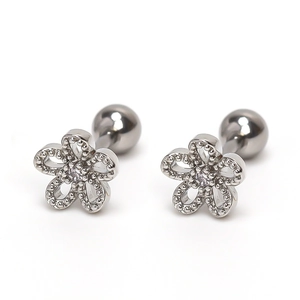 Silver hollow flower stud earrings with zircon center and secure ball screw back