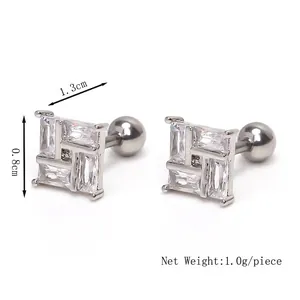 Silver square stud earrings with clear crystal stones, 1.3cm x 0.8cm geometric jewelry