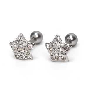 Pentagram star stud earrings in silver steel with clear zircons and screw back