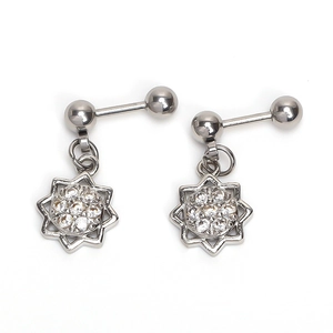 Silver octagonal star zircon barbell earrings with micro-paved cubic zirconia gems