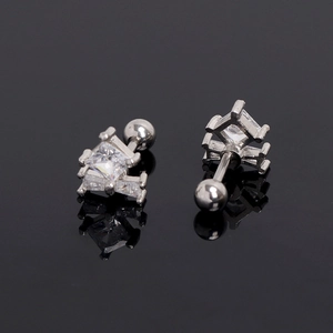 Minimalist square geometric silver earrings featuring clear cubic zirconia and screw backs
