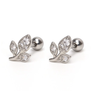 Minimalist stainless steel leaf earrings with zircon pavé and secure screw back