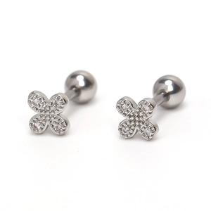 Pair of silver flower stud earrings with sparkling zircons and screw-back ball closure