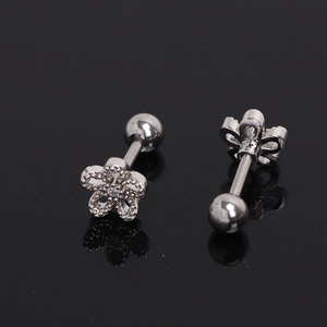 Fashion flower stud earrings with zircon stones and screw back ball in polished silver