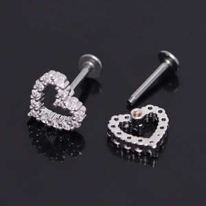 Polished stainless steel heart-shaped cartilage earrings with micro-paved cubic zirconia