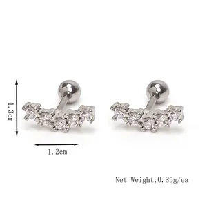 Silver stainless steel curved stud earrings with five zircon stones and screw back closure
