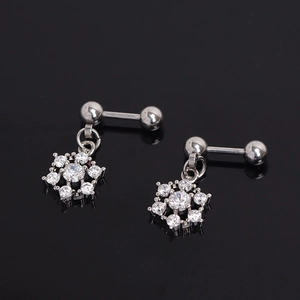 Silver snowflake barbell stud earrings with white zirconia in stainless steel
