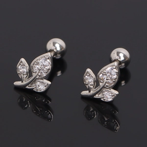 Minimalist Stainless Steel Leaf Stud Earrings For Women Men Hip Hop Punk Pave Rhinestone Screw Back Jewelry Single