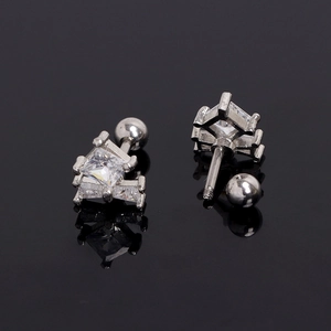 Minimalist square zircon stud earrings with screw back balls on black background