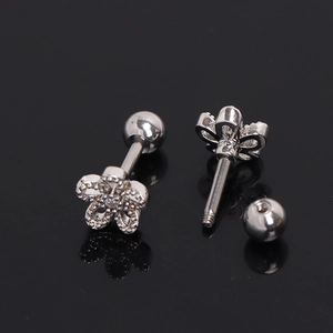 Chic silver flower zircon stud earrings with screw ball back closure for women