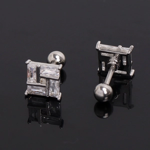 Silver square geometric stud earrings featuring four rectangular zircons in windmill design
