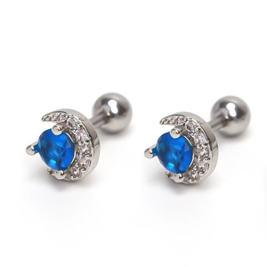 Clou d'oreille lune en zircon bleu et acier inoxydable avec fermoir à vis
