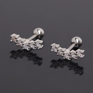 Stainless Steel Curved Row Rhinestone Stud Earrings Korean Minimalist 5 Stone Helix Ear Piercing Jewelry For Women Men