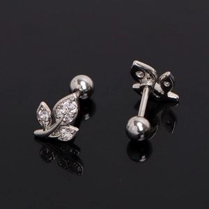 Minimalist leaf stud earrings with silver finish and sparkling cubic zirconia stones
