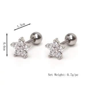 Minimalist silver flower stud earrings with zircons and screw ball back, 1.3cm length