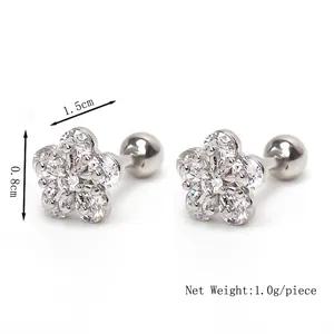 Sparkling stainless steel flower studs with clear zircon crystals and ball screw backings