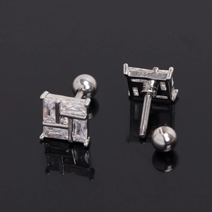 French style square stud earrings with cross-set zircon stones and secure screw-back ball
