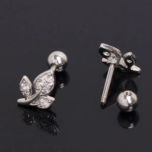 Polished stainless steel leaf stud earrings with clear zircon stones and screw backings