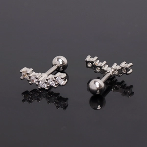 Minimalist curved stainless steel stud earrings with five sparkling cubic zirconia stones