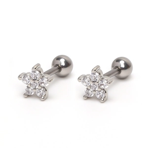 Cute stainless steel flower stud earrings with white zircon petals and ball screw back closure