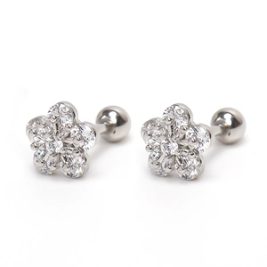 Sparkling stainless steel flower stud earrings with pavé cubic zirconia and ball screw back